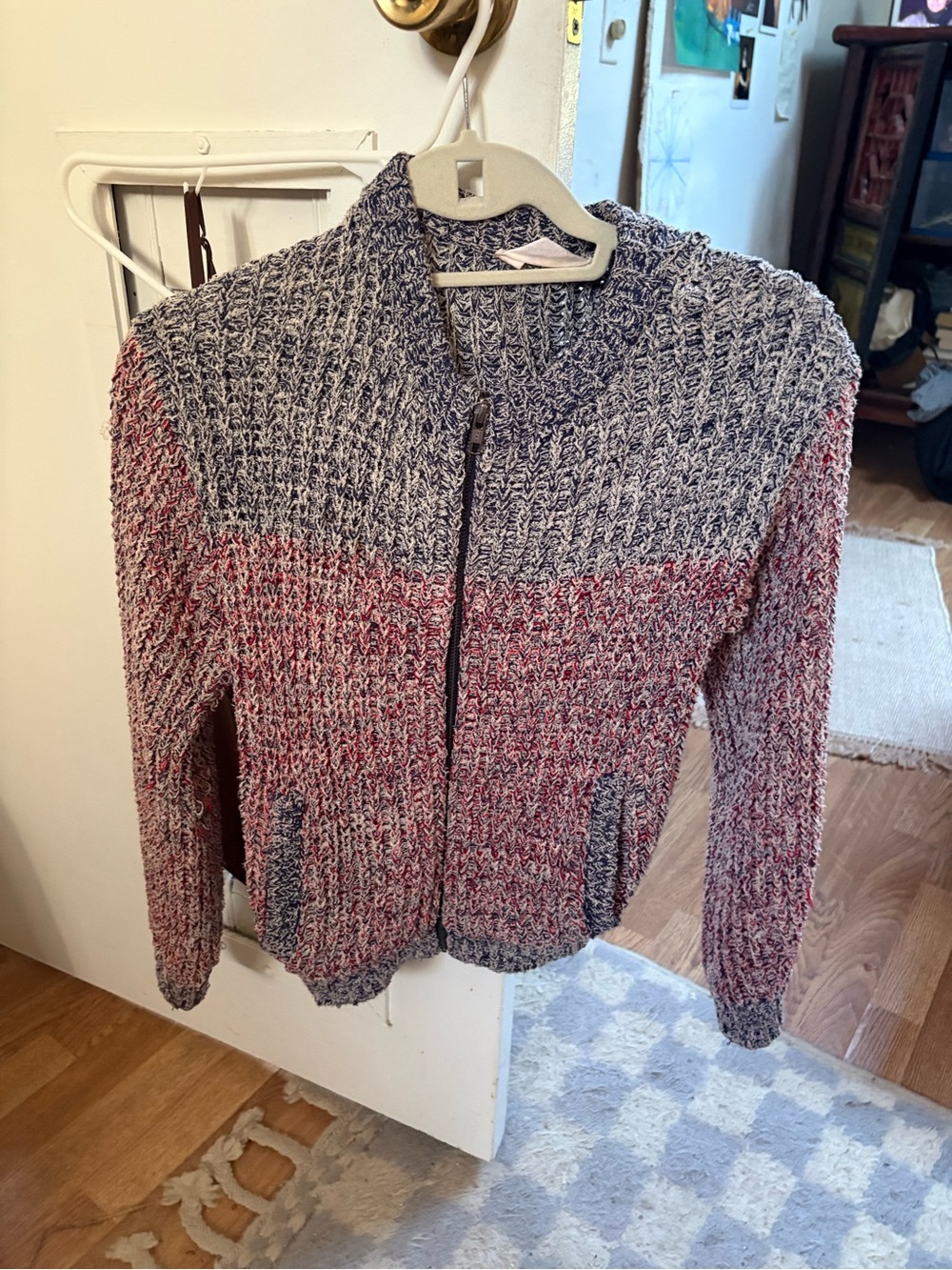 Isabel Marant Étoile Red Navy Bouclé Knit Zip Cardigan Sweater 38